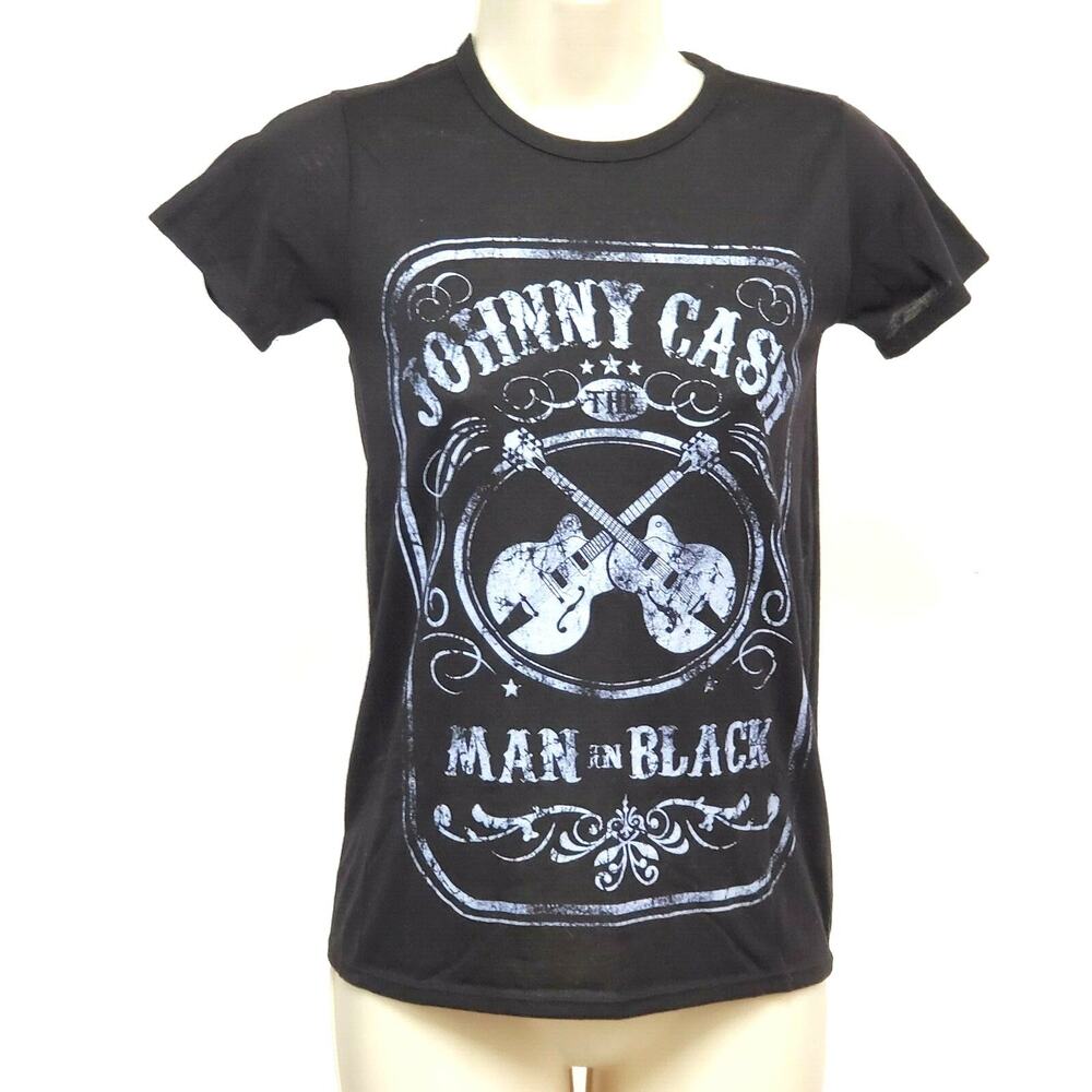 Johnny Cash Womens XS T-Shirt Man in Black Pink SS Sheer Country Western Top